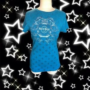 Hard Rock Cafe blue tee with crown and guitar design, grunge hard rock couture